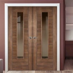 Laminate Vancouver Walnut Internal Door Pair - Clear Glass - Prefinished