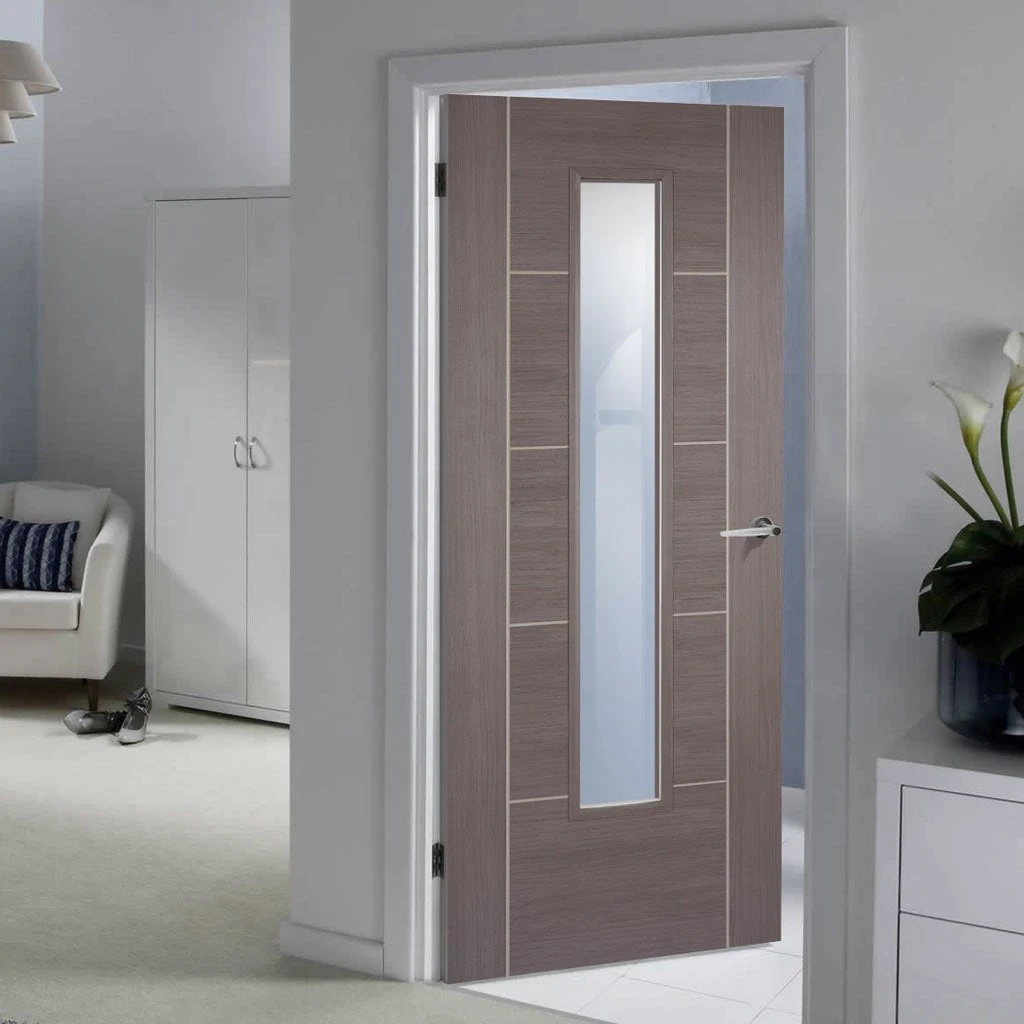 Laminate Vancouver Medium Grey Internal Door - Clear Glass - Prefinished 1 Laminate Vancouver Medium Grey Internal Door - Clear Glass - Prefinished