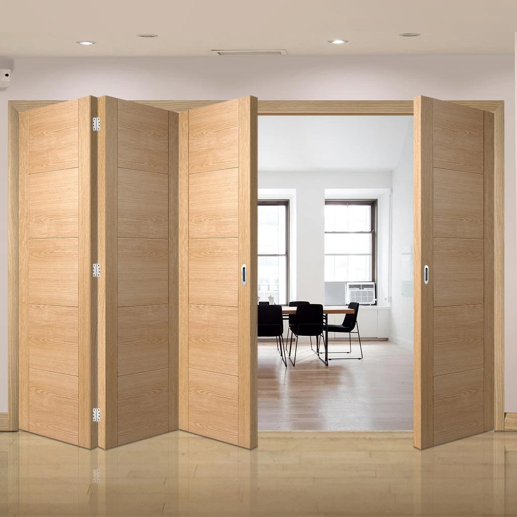 Four Folding Doors & Frame Kit - Vancouver 5 Panel Effect Flush Oak 3+2 - Prefinished 1 Four Folding Doors & Frame Kit - Vancouver 5 Panel Effect Flush Oak 3+2 - Prefinished