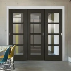 Pass-Easi Three Sliding Doors And Frame Kit - Vancouver Smoked Oak Internal Doors - Clear Glass - Prefinished
