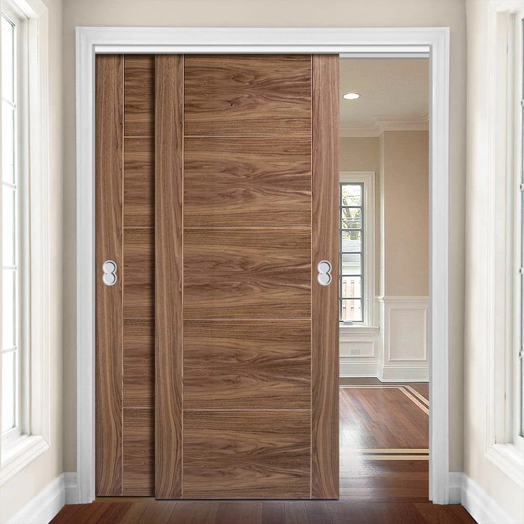 Pass-Easi Two Sliding Doors And Frame Kit - Vancouver 5 Panel Flush Walnut Door - Prefinished 1 Pass-Easi Two Sliding Doors And Frame Kit - Vancouver 5 Panel Flush Walnut Door - Prefinished