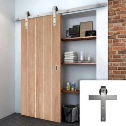 Single Sliding Door & Stainless Steel Barn Track - Wexford Oak Panel Door - Unfinished