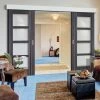 Double Sliding Door & Wall Track - Zanzibar Ash Grey Doors - Clear Glass - Prefinished